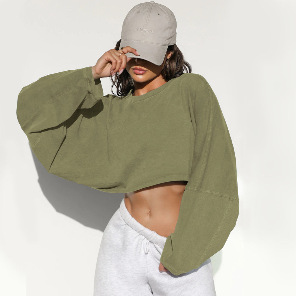 Loose Crewneck Crop Top with Wide Sleeves - Olive