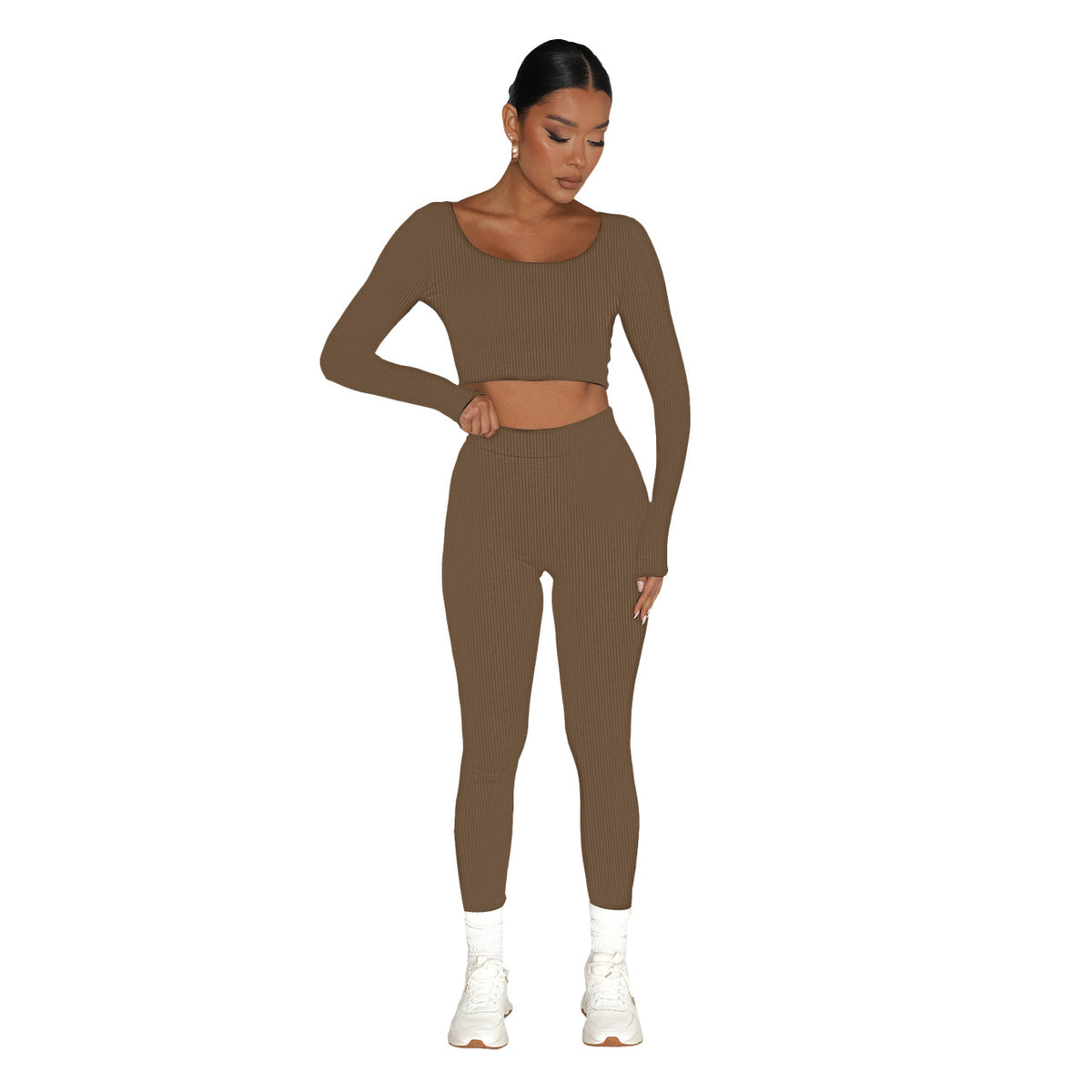 Square-Neck Long Sleeve Crop Top and Leggings Set - Brown