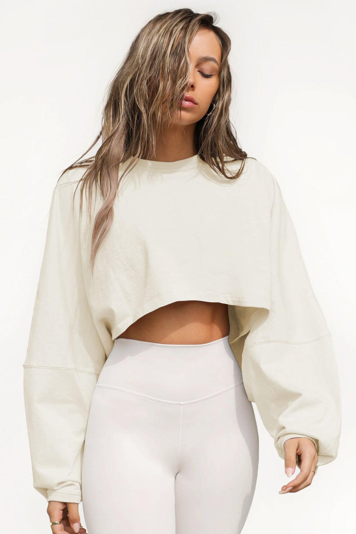 Loose Crewneck Crop Top with Wide Sleeves - Ivory