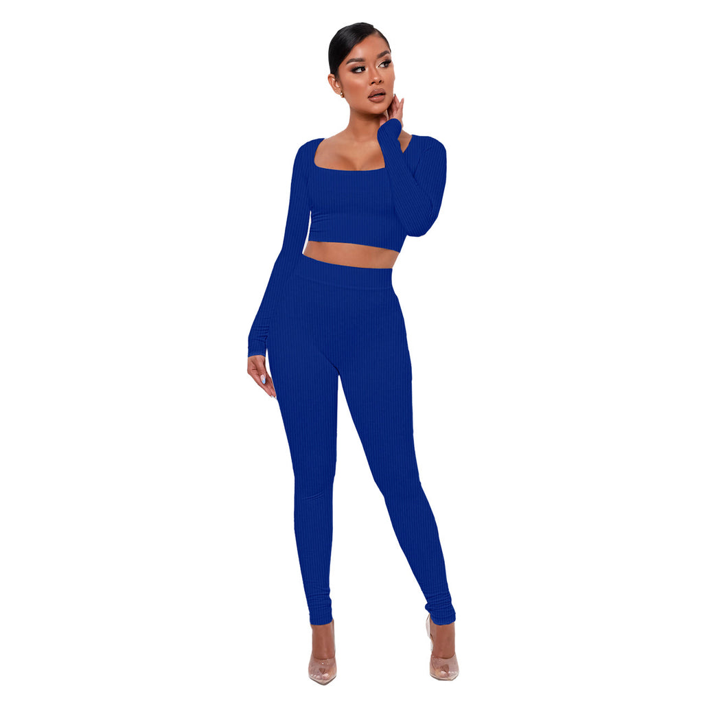 Square-Neck Long Sleeve Crop Top and Leggings Set - Cobalt