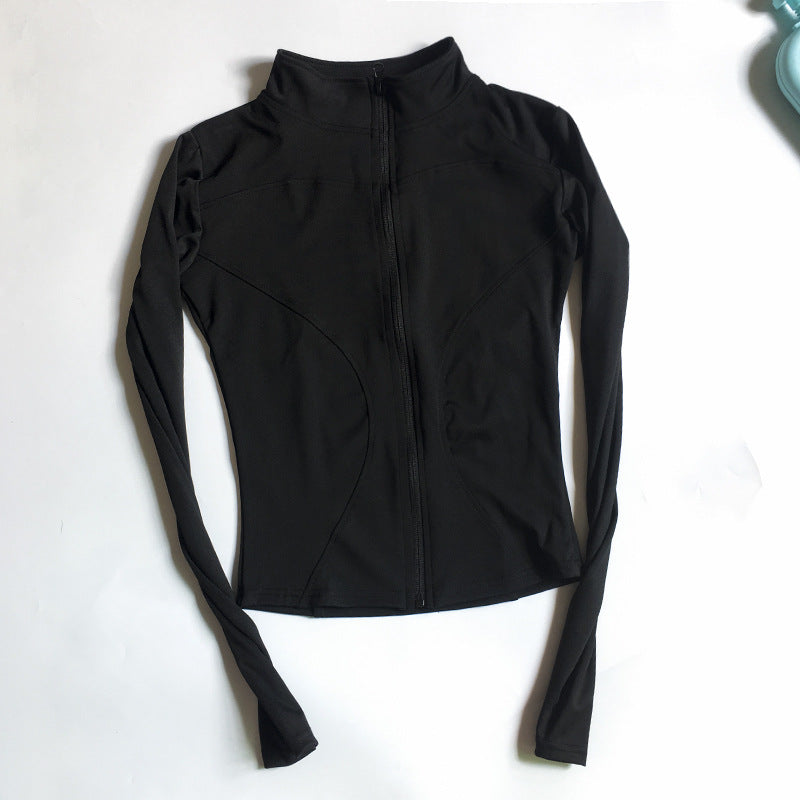 Stand-Collar Zip Jacket with Thumbholes - Black
