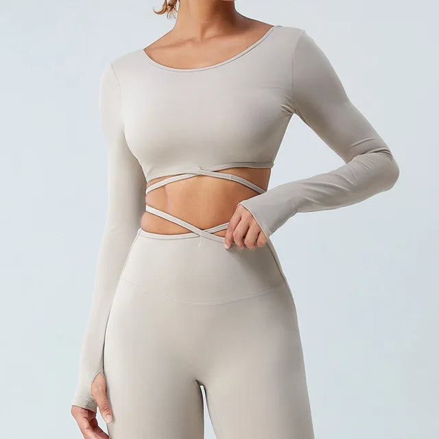 Long Sleeve Crop Top with Wraparound Ties - Ivory