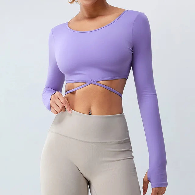 Long Sleeve Crop Top with Wraparound Ties - Lavender