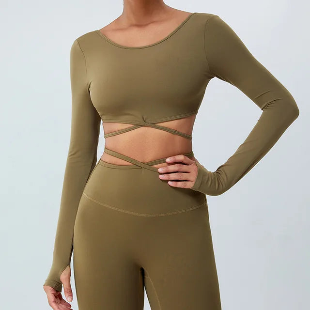 Long Sleeve Crop Top with Wraparound Ties - Olive