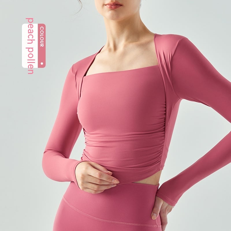 Square-Neck Long Sleeve Top with Gathered Sides - Dusty Rose