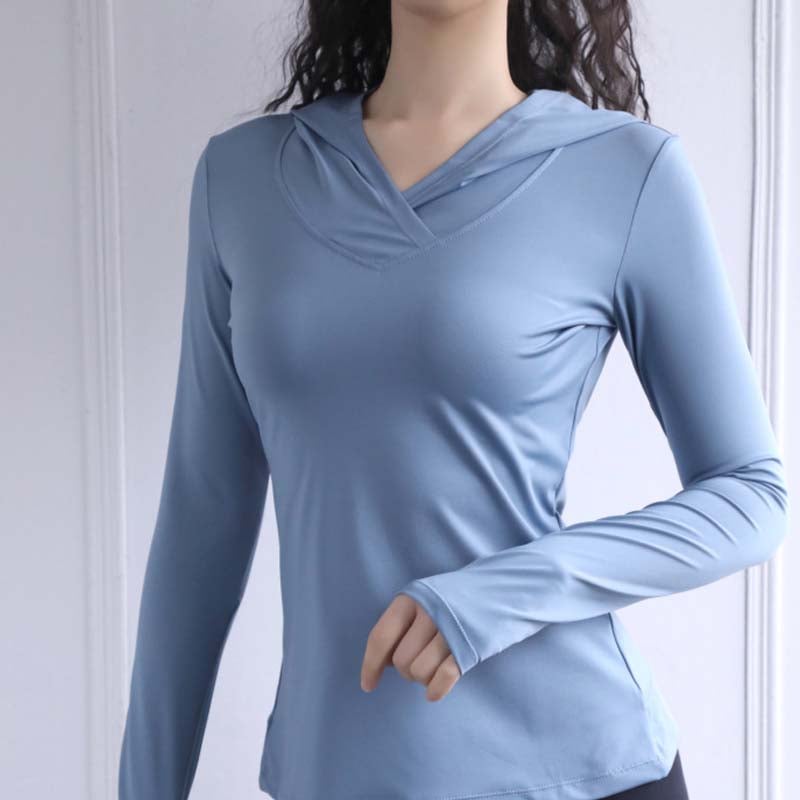 Fitted Long Sleeve Hoodie with Crossover Neckline - Steel Blue