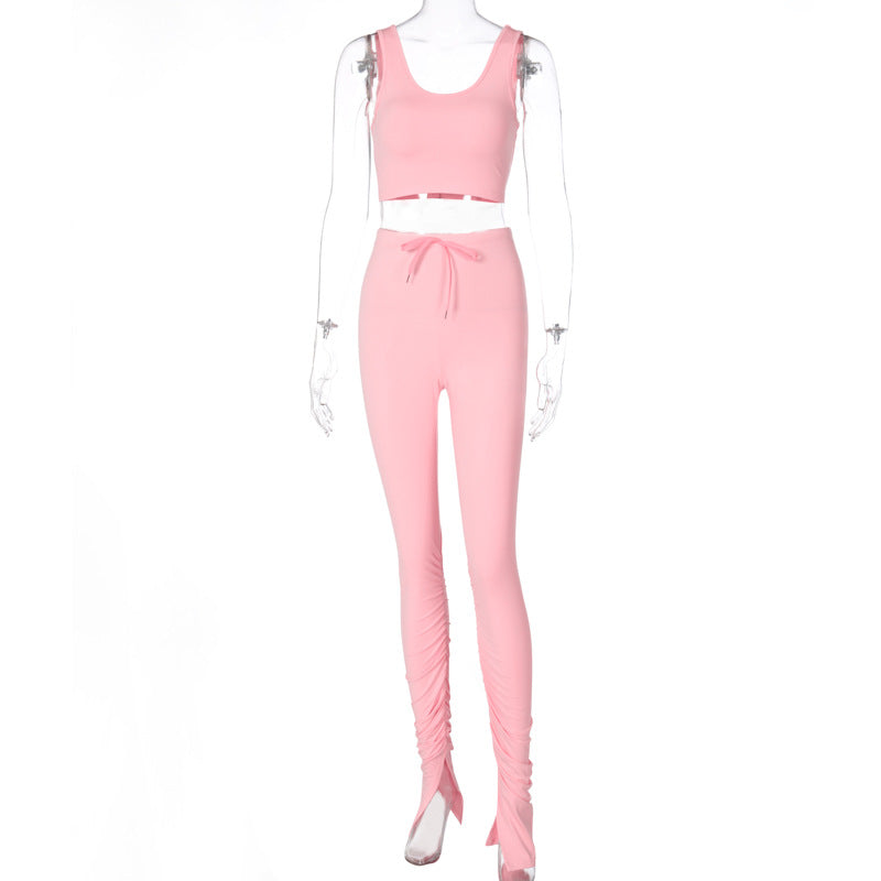 Sleeveless Crop Top and Ruched Pants Set - Light Pink