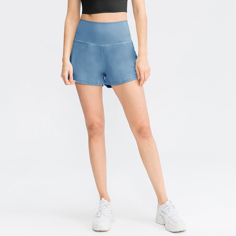 High-Waisted Running Shorts with Curved Hems - Blue