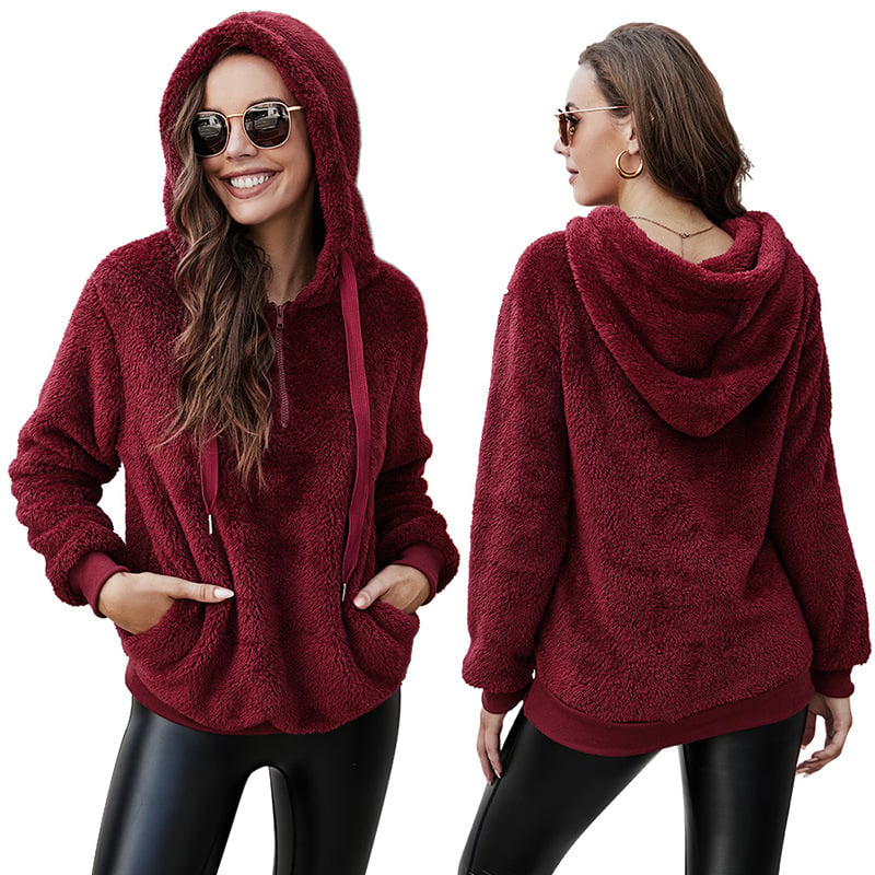 Plush Half-Zip Hoodie with Front Pocket - Burgundy