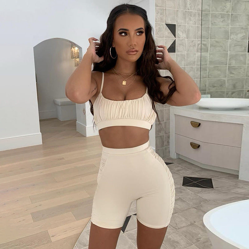 Gathered Strap Top and Biker Shorts Set - Cream