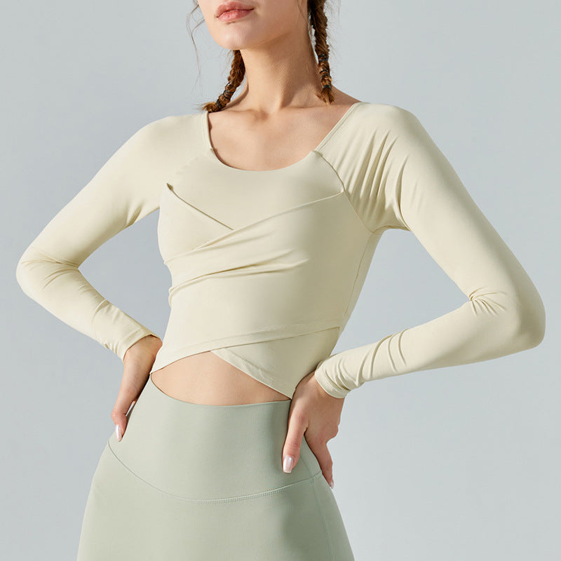 Long Sleeve Crop Top with Crossover Front - Ivory