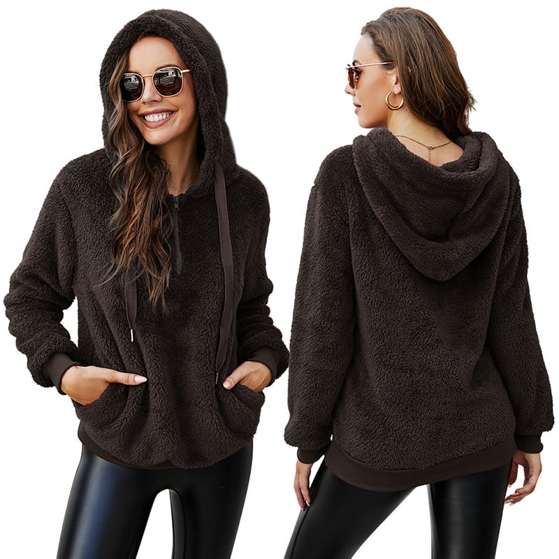 Plush Half-Zip Hoodie with Front Pocket - Brown
