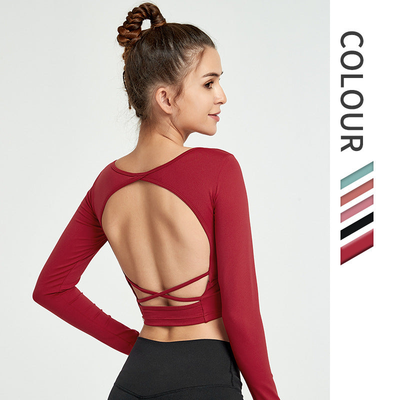 Long Sleeve Crop Top with Cross-Strap Open Back - Wine