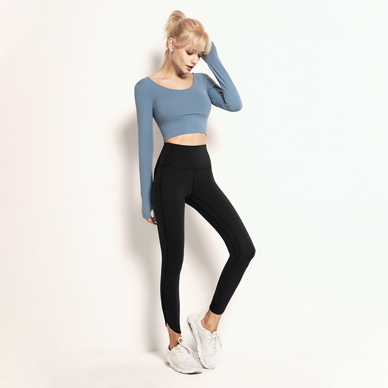 Long Sleeve Crop Top with Curved Hem - Steel Blue