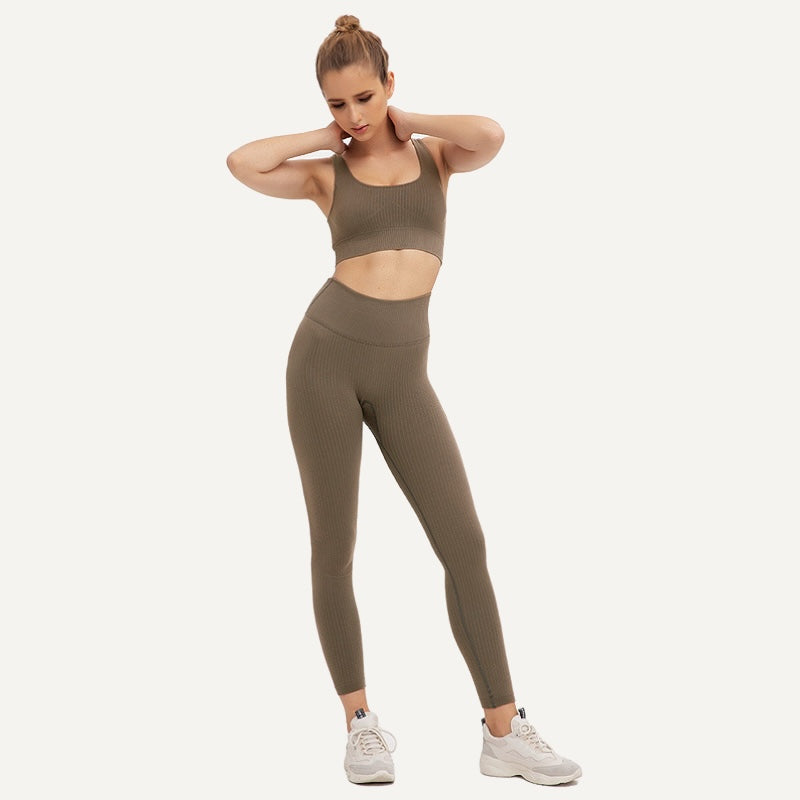 Ribbed High-Waisted Workout Leggings - Brown