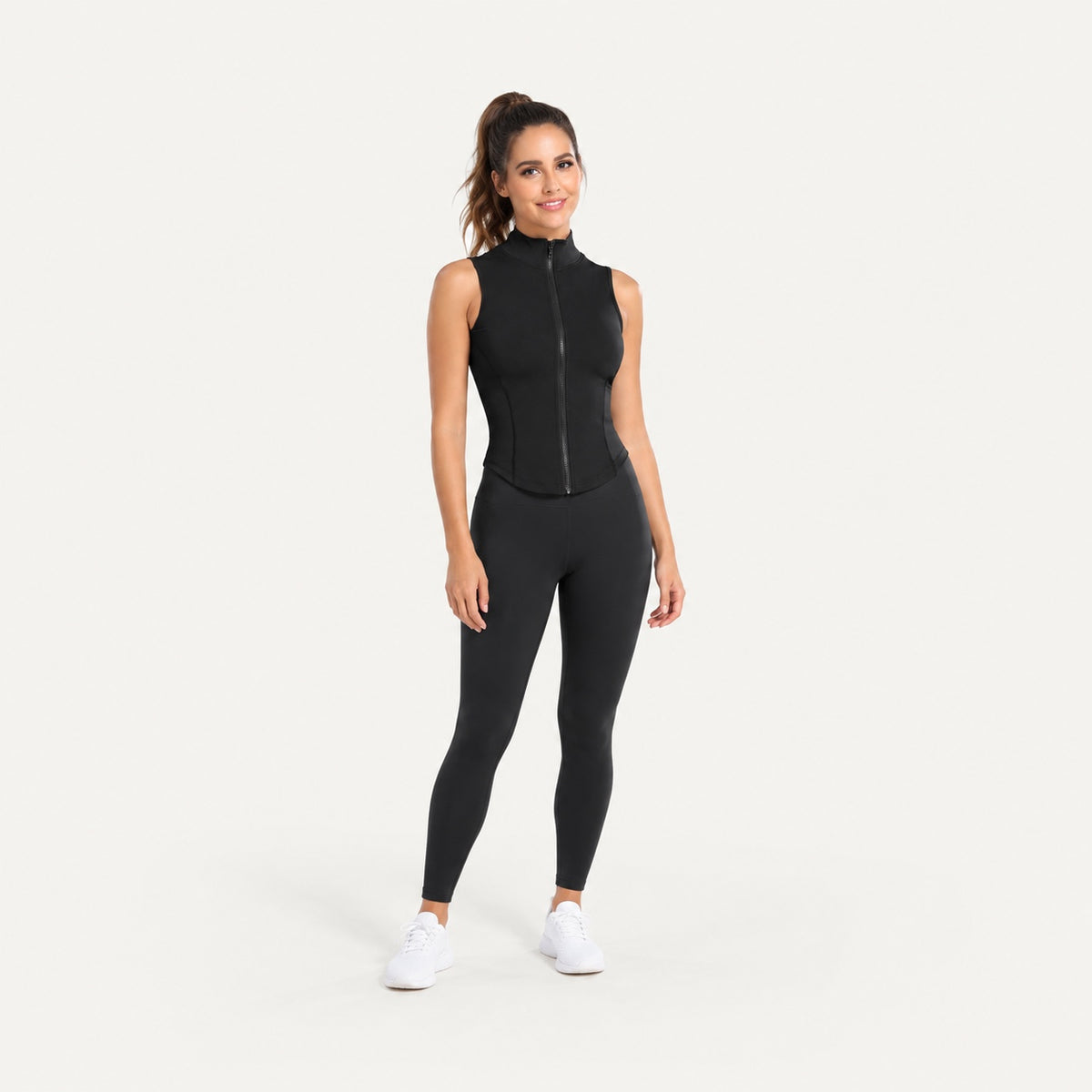 Sleeveless Zip-Up Workout Top with Stand Collar - full look