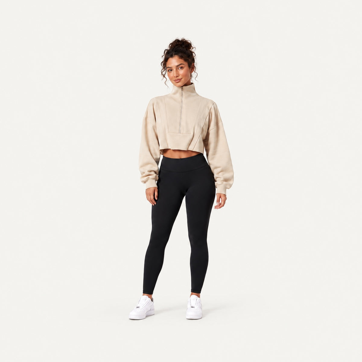Cropped Half-Zip Sweatshirt with Stand Collar - full look