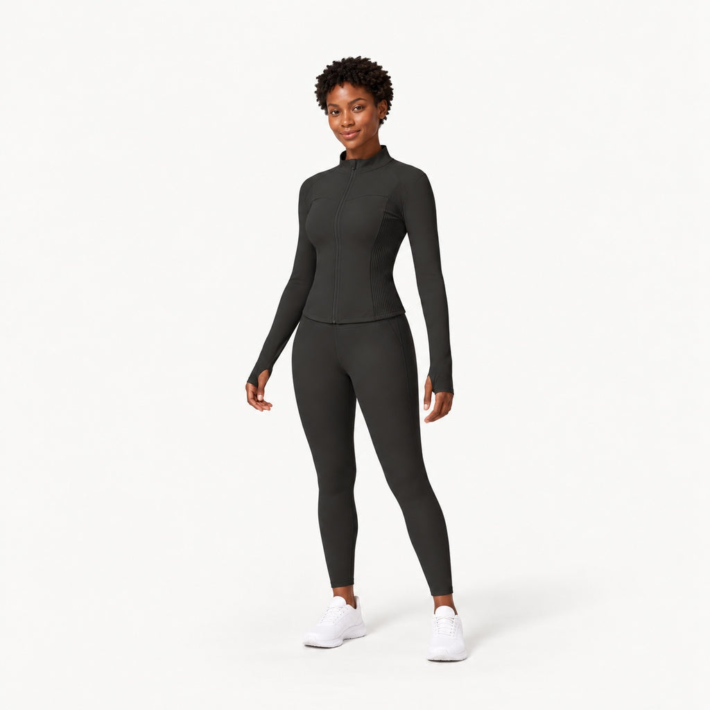 Stand-Collar Zip-Up Workout Jacket with Thumbholes - full look
