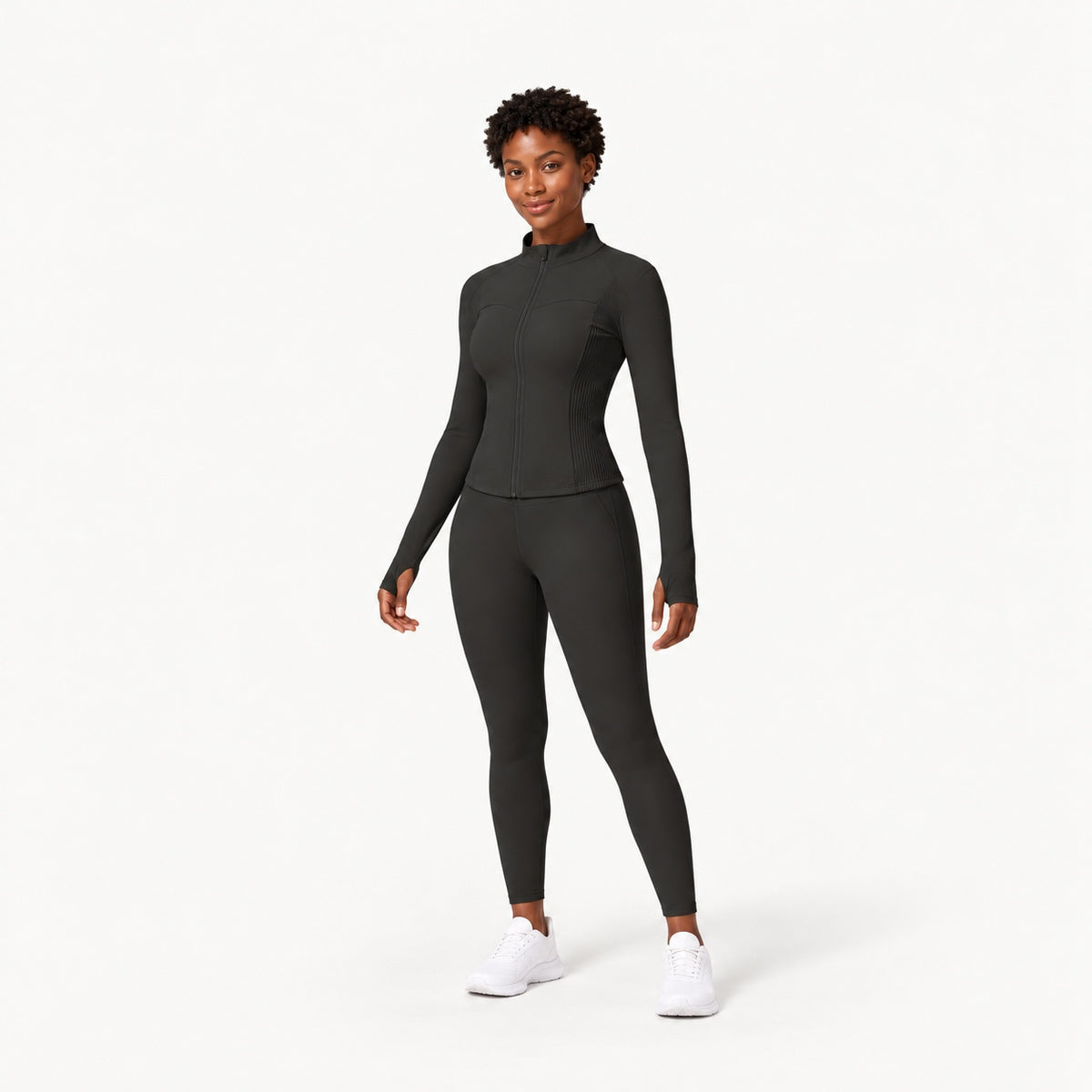 Stand-Collar Zip-Up Workout Jacket with Thumbholes - full look