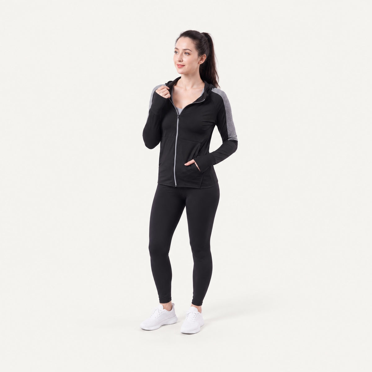 Hooded Workout Jacket with Patterned Sleeve Panels - full look