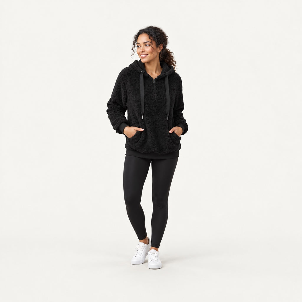 Plush Half-Zip Hoodie with Front Pocket - full look