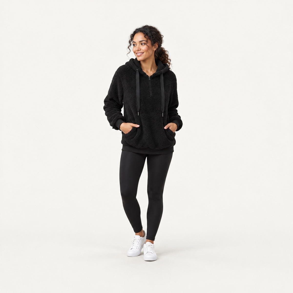 Plush Half-Zip Hoodie with Front Pocket - full look