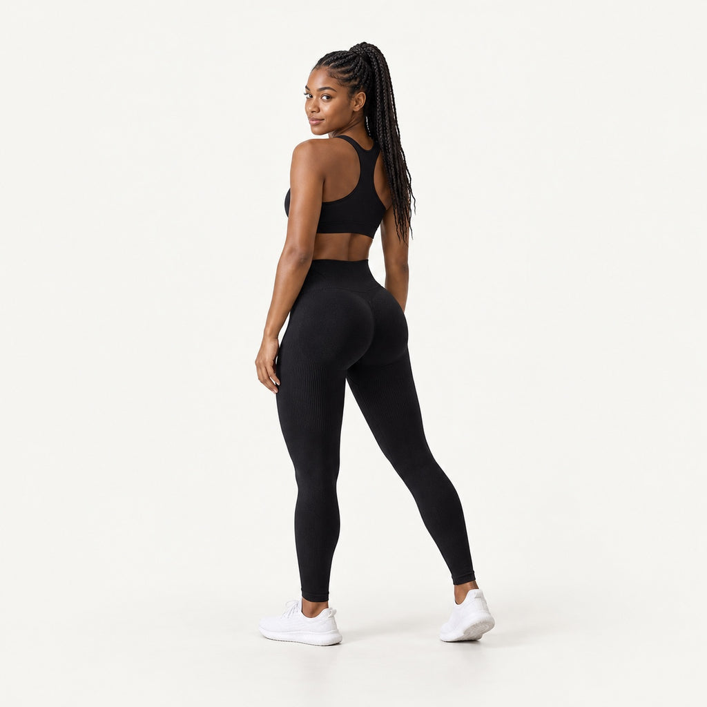 High-Waisted Seamless Leggings with Ribbed Panels - full look