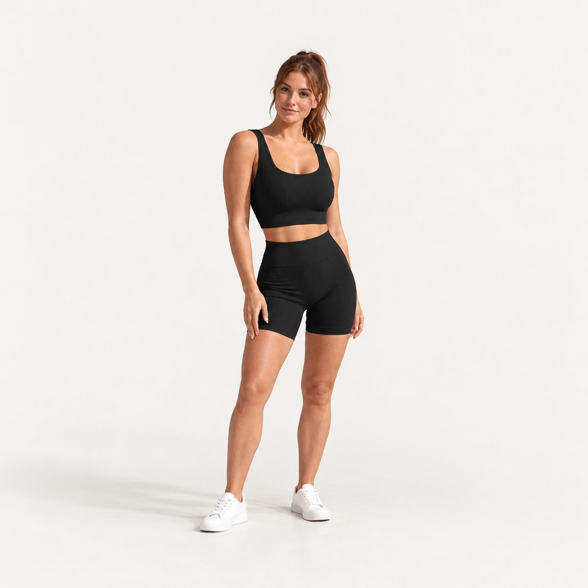 Ribbed Workout Set with Crop Tank and Shorts - full look
