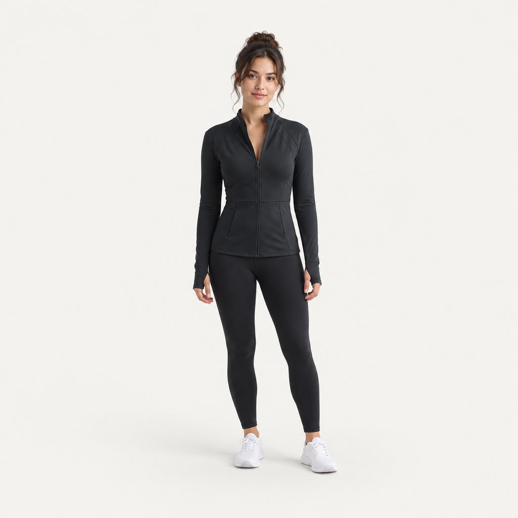 Paneled Zip-Up Workout Jacket with Thumbholes - full look