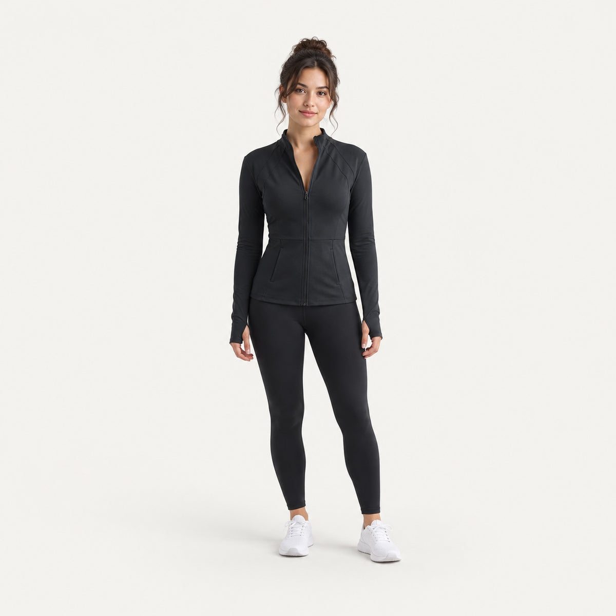 Paneled Zip-Up Workout Jacket with Thumbholes - full look