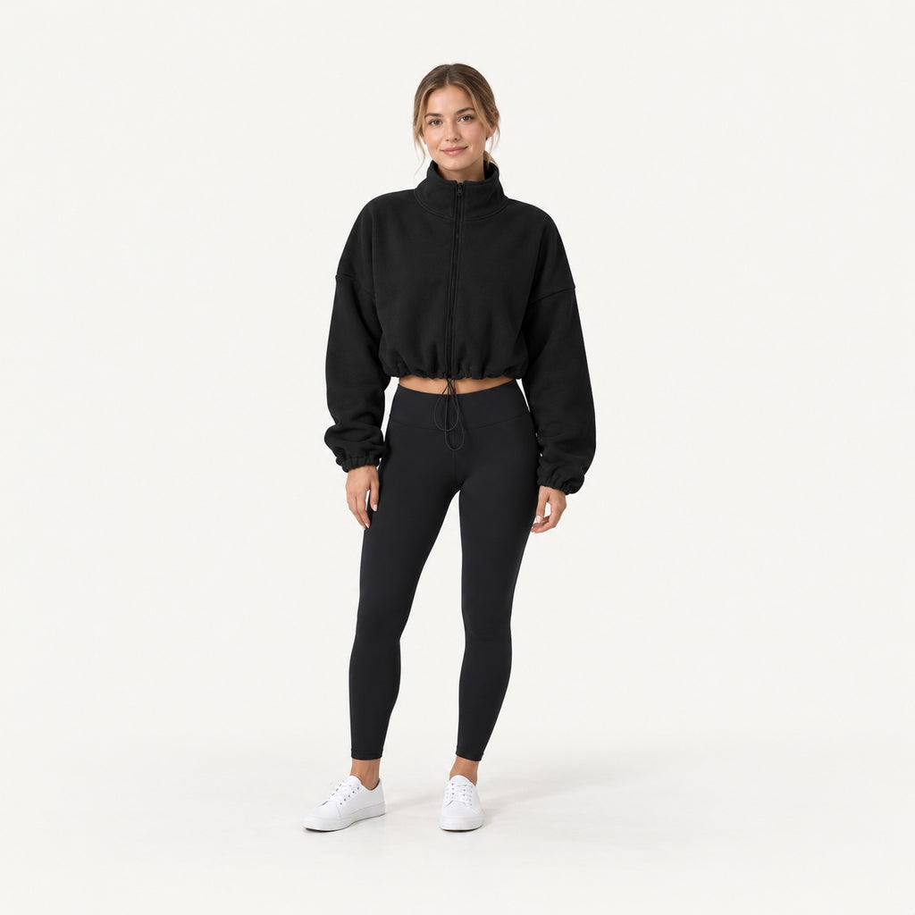 Cropped Full-Zip Fleece Jacket with Drawcord Hem - full look