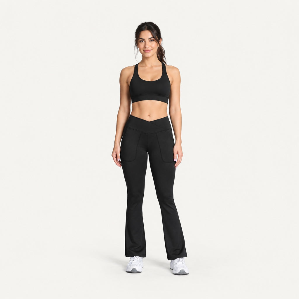 Crossover-Waist Flared Leggings with Side Pockets - full look