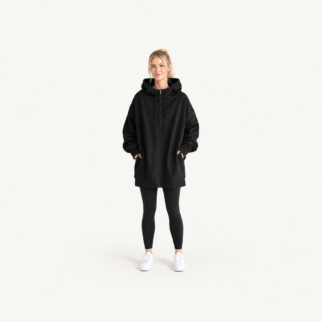Long Fleece Hoodie with Half-Zip Front - full look