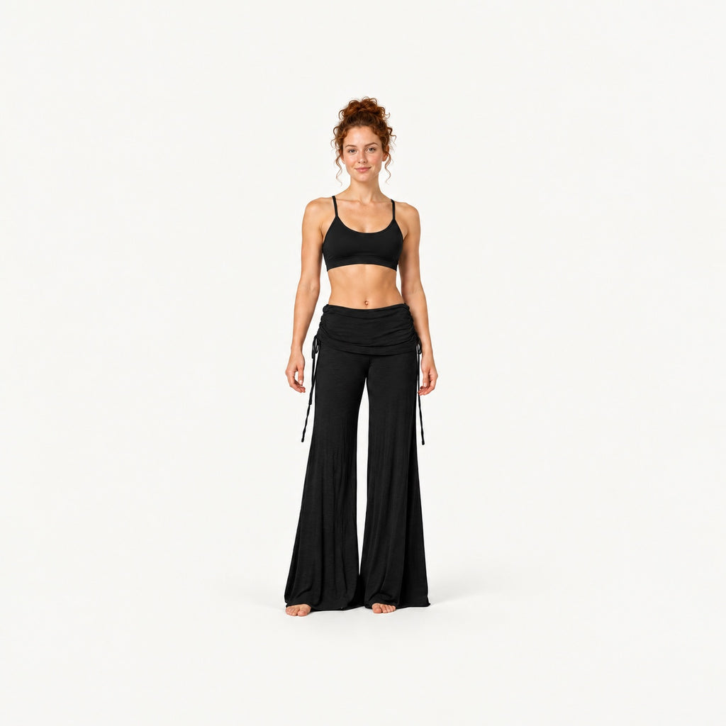 Wide-Leg Dance Pants with Gathered Waist Overlay - full look