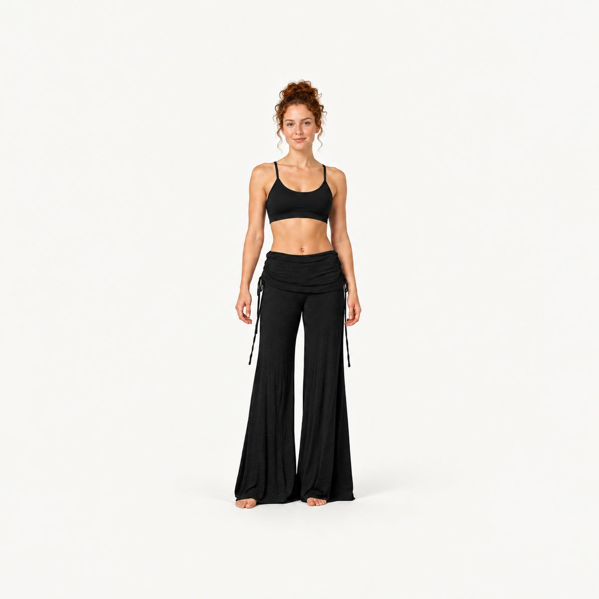 Wide-Leg Dance Pants with Gathered Waist Overlay - full look