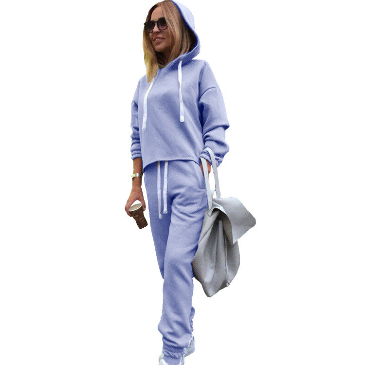 Cropped Hoodie and Drawstring Joggers Set - Light Blue