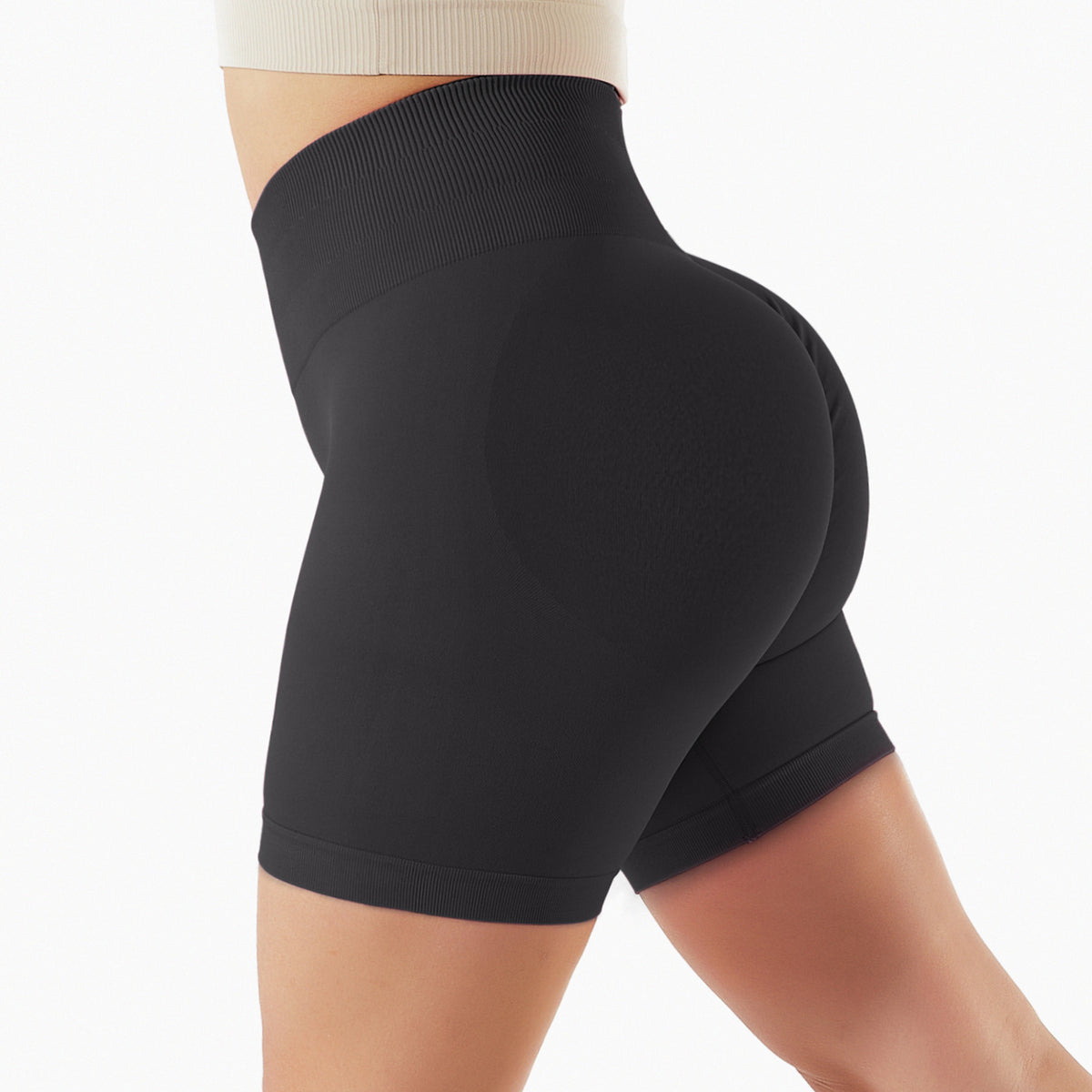 Training Shorts with Ribbed High Waist - Black
