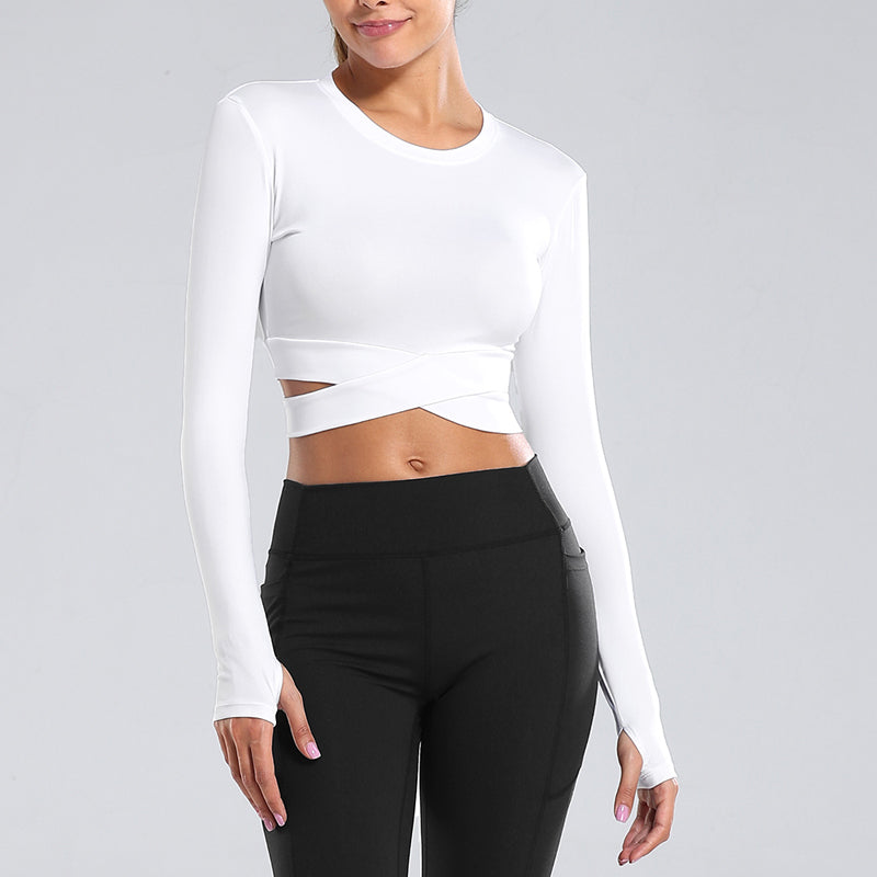 Long Sleeve Crop Top with Wraparound Hem - White
