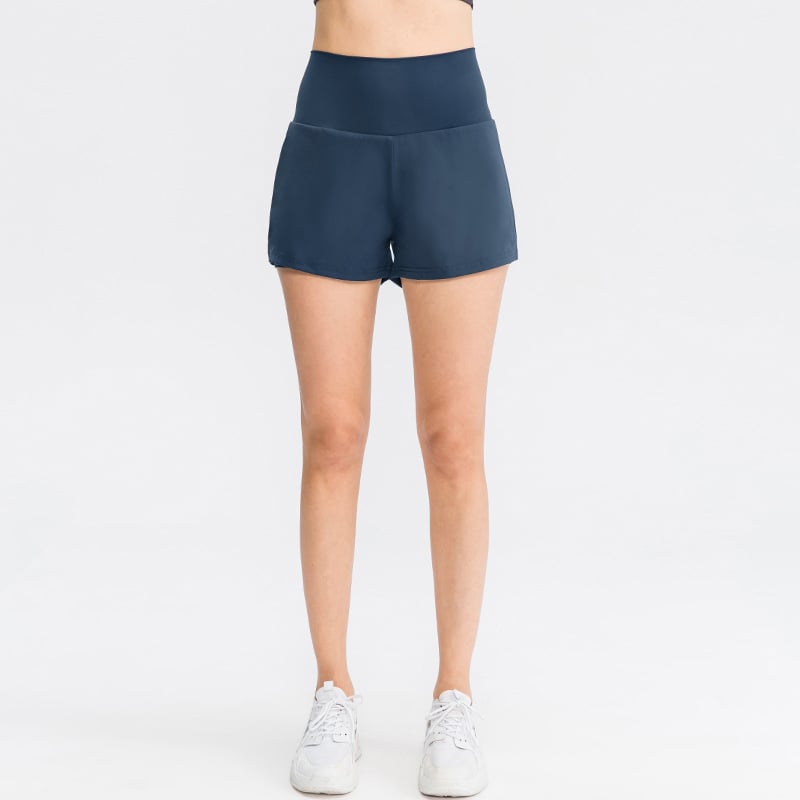High-Waisted Running Shorts with Curved Hems - Navy