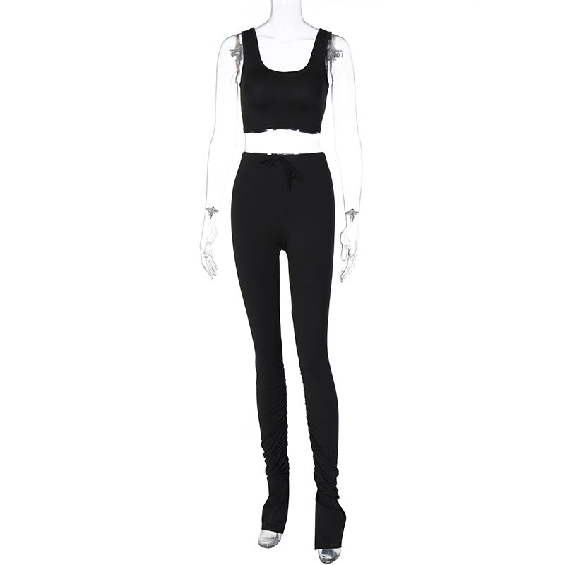 Sleeveless Crop Top and Ruched Pants Set - Black
