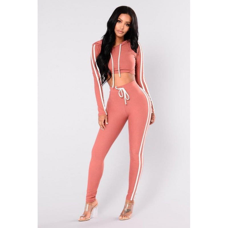 Cropped Zip-Up Hoodie and Striped Pants Set