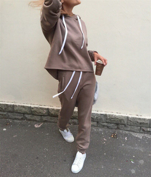 Cropped Hoodie and Drawstring Joggers Set - Taupe
