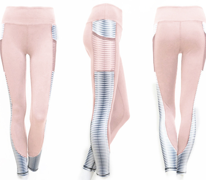 Pocket Leggings with Striped Mesh Side Panels - Pink