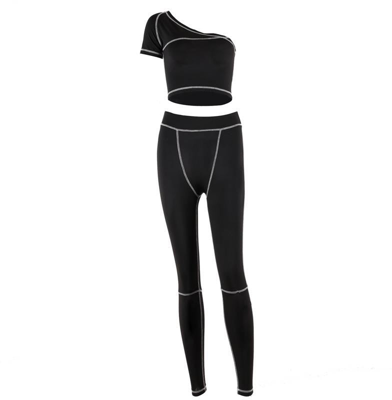 One-Shoulder Top and Contrast-Seam Leggings Set - Black