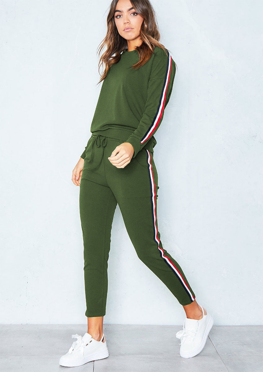 Long Sleeve Top and Side-Stripe Joggers Set - Olive