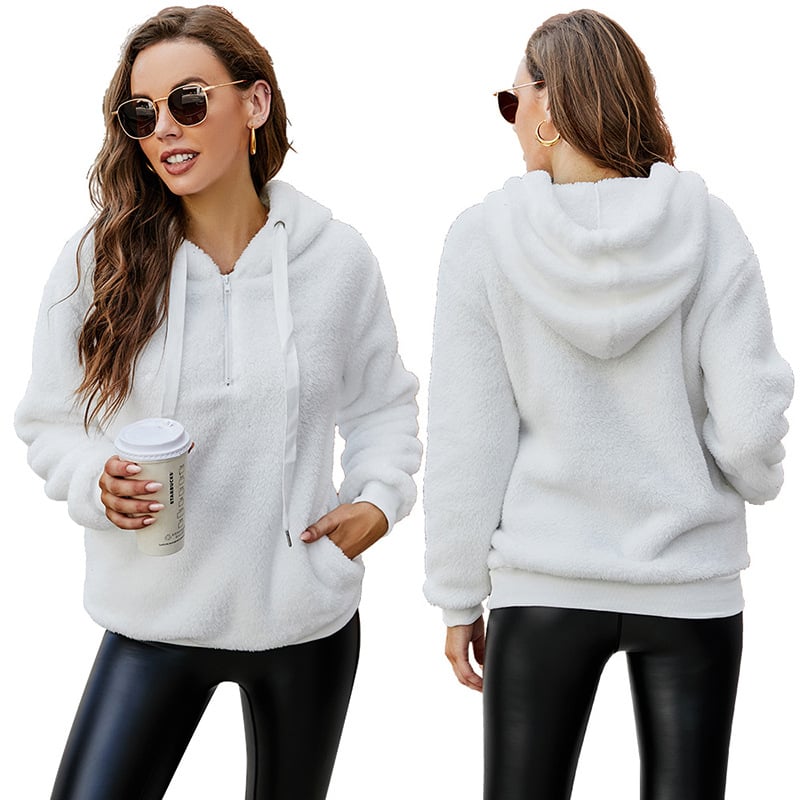 Plush Half-Zip Hoodie with Front Pocket - White
