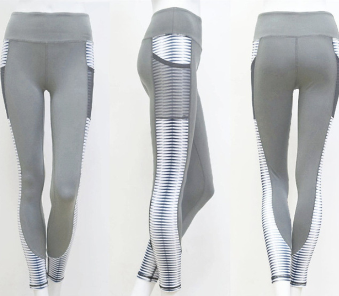 Pocket Leggings with Striped Mesh Side Panels - Light Gray