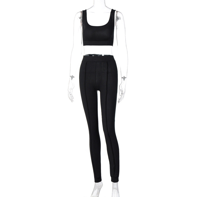 Ribbed Scoop-Neck Top and Joggers Set - Black
