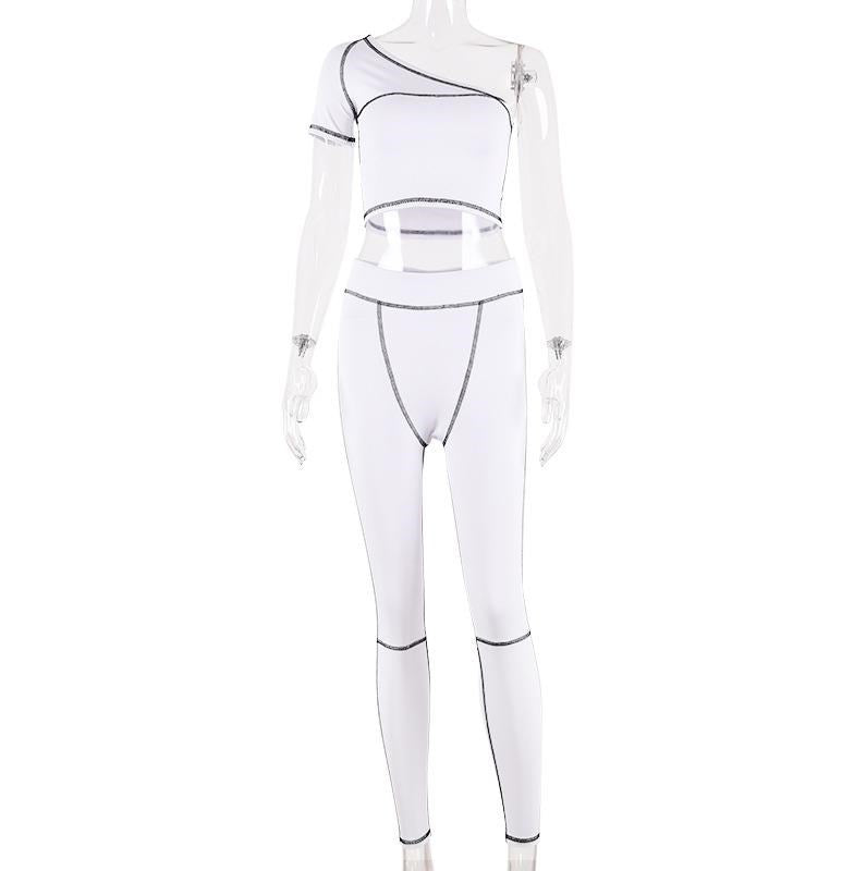 One-Shoulder Top and Contrast-Seam Leggings Set - White