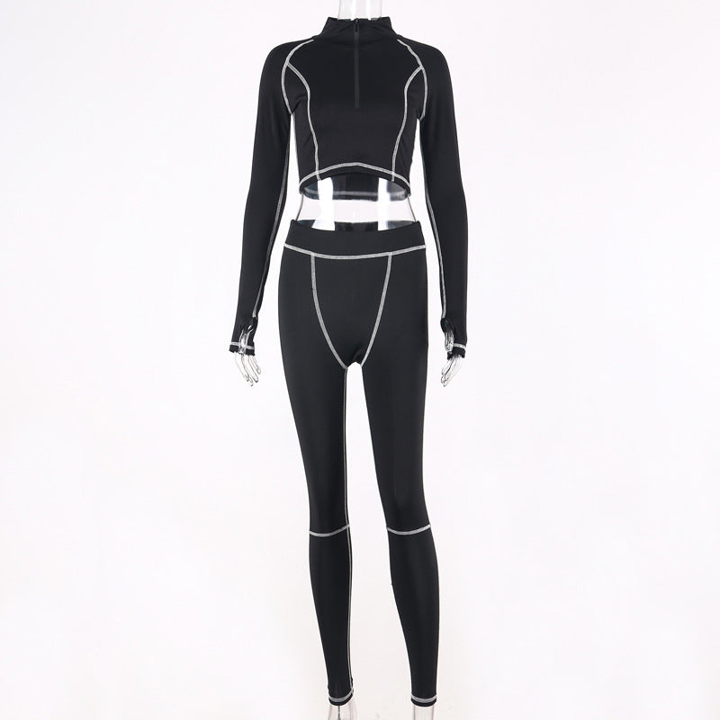 Contrast-Seam Half-Zip Top and Leggings Set